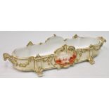 Continental porcelain oval twin-handled flower holder with opposing oval panels of river scenes