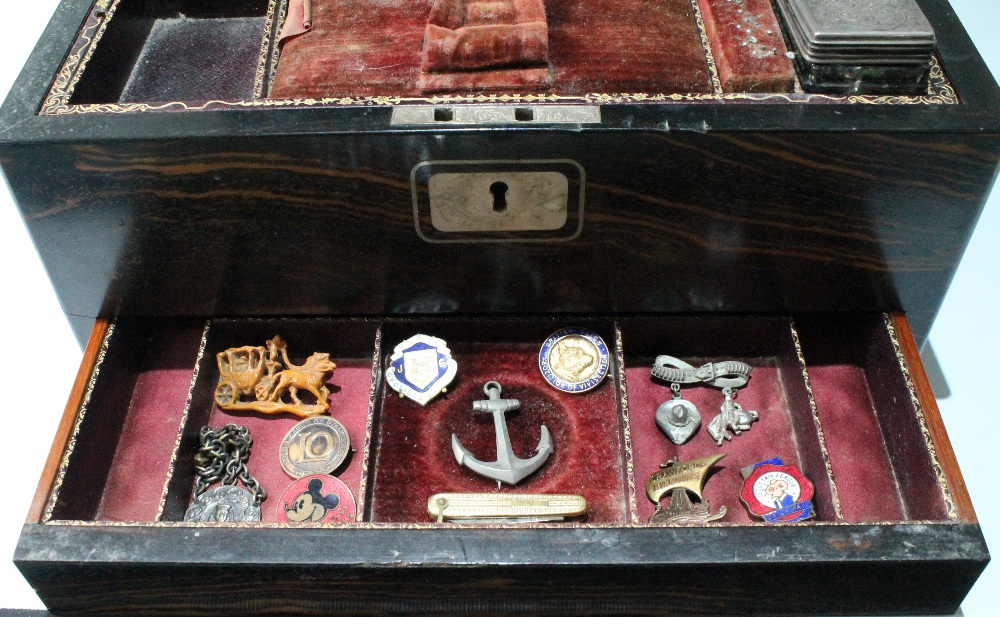 Victorian calamander wood dressing case with nine silver-mounted boxes and bottles, 1857, 30cm. - Image 2 of 10