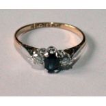 Diamond and sapphire three-stone ring, '18ct plat'.