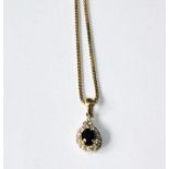 Gold pendant with diamond and sapphire oval cluster, with necklet, '585'.