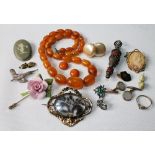 Amber necklet and two beads (uncertificated) and sundry costume and other jewellery. Condition