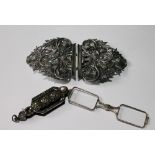 Silver belt buckle pierced and embossed with thistles, Glasgow 1909, also a silver, pearl and