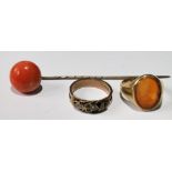 18ct gold signet ring, another, 9ct, and a scarf pin with coral bead.   (3) Condition Report
