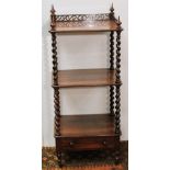 Victorian rosewood barley twist three-tier whatnot with base drawer and fretwork gallery, 108cm