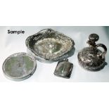 EP oval cake basket, a similar dish, an Old Sheffield waiter, a plated spirits flask and various