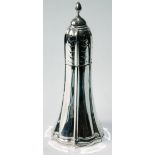 Edwardian silver sugar caster of unusual, shaped, spreading lighthouse form by Walker & Hall,