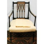 19th century parlour armchair with ebonised mahogany frame with lattice work back panel and inset