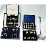 Set of six silver coffee spoons, various other cased spoons and a soup ladle.