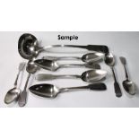 Set of six silver fiddle pattern tablespoons with matching soup ladle and five dessert spoons,