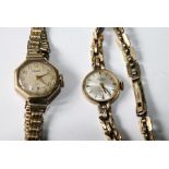 Lady's 9ct gold bracelet watch and another on a rolled gold bracelet.