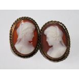 Pair of stone cameo earrings, each with the head of a woman, in gold, twisted mount, probably 15ct.