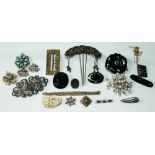 Three jet brooches, a silver filigree hair ornament and sundry costume and other jewellery.