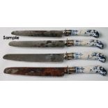 Twenty-eight steel knives with blue and white porcelain pistol handles, possibly Lowestoft, the