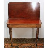 19th century mahogany turn-over tea table on turned legs, 95cm wide.