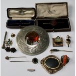 Small diamond-set necklet snap, '18ct', a plaid brooch and various other items, some gold.