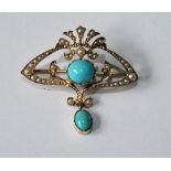 Edwardian gold brooch pendant of Art Nouveau style with pearl and turquoise, '15'.