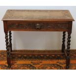 20th century carved oak Jacobean-style table with frieze drawer raised on barley twist supports,