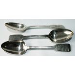 Pair of Irish silver tablespoons of rat tail fiddle pattern by P. Weeks, Dublin 1833, and another,