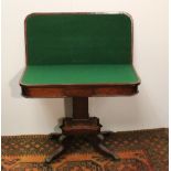 19th century mahogany turn-over card table on a stepped, square column and quadripartite base with