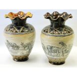 Pair of Doulton Lambeth stoneware vases by Hannah Barlow with incised goat decoration and frilled