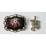 Swiss enamel brooch painted with flowers, in gold, and a diamond initial 'M' pendant, '585'.
