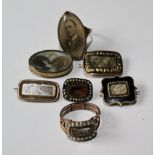 Georgian gold mourning ring, now with photograph, another, and five similar brooches, various.