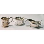 Silver sauce boat, a christening mug and a similar bowl, 11½oz.   (3)