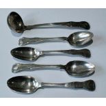 Silver toddy ladle of King's type pattern, Edinburgh 1820, and a set of four silver teaspoons by