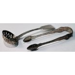 George IV silver sifter of fiddle pattern, Exeter 1823, and a pair of Victorian silver sugar tongs