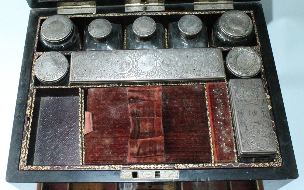 Victorian calamander wood dressing case with nine silver-mounted boxes and bottles, 1857, 30cm. - Image 3 of 10