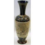 Doulton Lambeth stoneware vase by Hannah Barlow with brown and blue collar and base, incised central