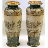 Pair of Royal Doulton stoneware vases by Hannah Barlow with decorated necks and bases and an incised