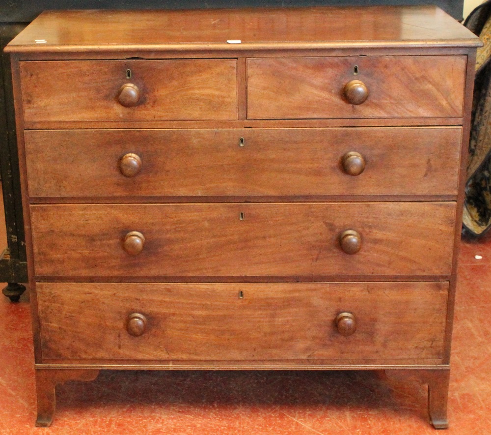 19th century mahogany chest of two short over three long drawers, on bracket feet, 115cm wide.