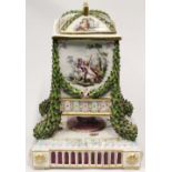 Continental porcelain square vase and cover with vignettes of garden scenes with figures and