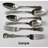 George III Edinburgh silver suite of King's cutlery comprising one basting spoon, seven table