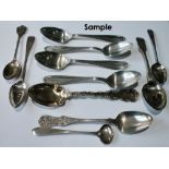 Set of four teaspoons, stamped Sterling, a Georgian salt spoon, three Victorian fiddle pattern