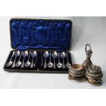 Unusual cruet with Doulton stoneware mounted in EP, also a set of twelve cased coffee spoons.