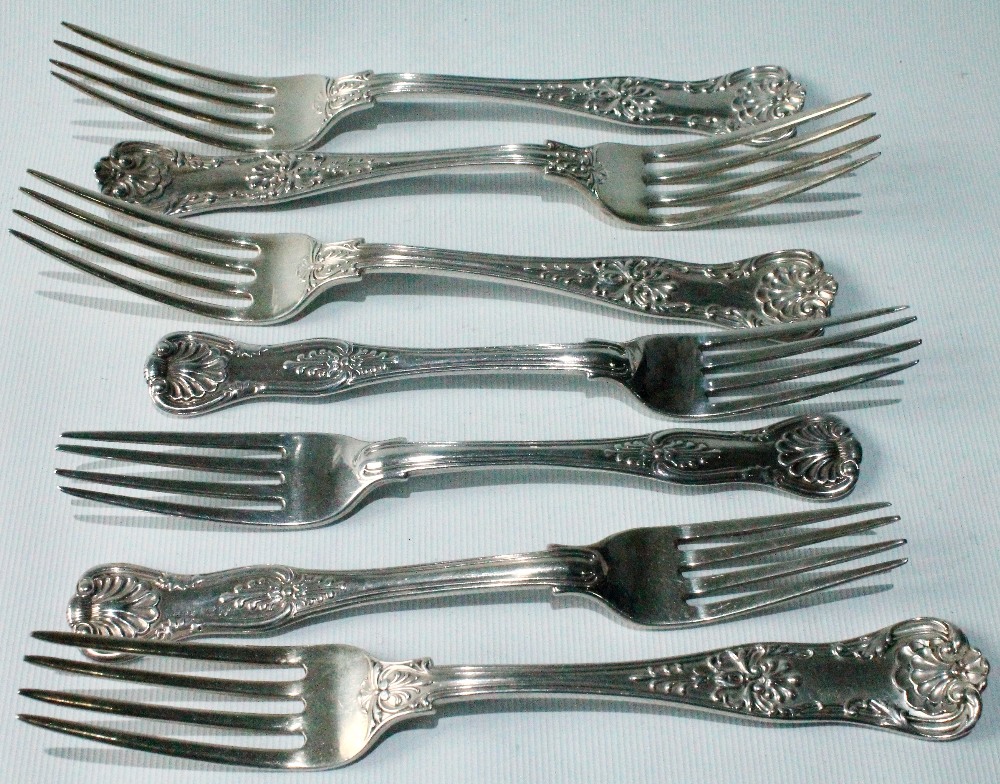 Set of four silver table forks of King's style pattern, import marks 1907, and another three, 1845,