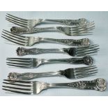 Set of four silver table forks of King's style pattern, import marks 1907, and another three, 1845,