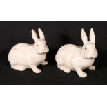 Pair of Oriental 20th century rabbits decorated in a cream crackle glaze, signed to base,