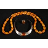 Large silver ring set oval amber,