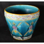 Mintons Secessionist Majolica jardinere with honesty borders and geometric floral band,