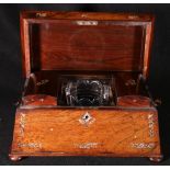 Early Victorian mother of pearl inlaid rosewood tea caddy of sarcophagus form,