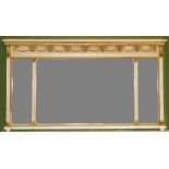 Late 19th century Sheraton revival parcel gilt white painted overmantel mirror with three bevelled