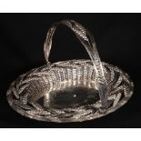 Victorian silver plated bread basket with corn ear relief decoration, the handles with inscription