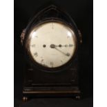 Regency ebonised lancet mantle clock, brass inlay, circular painted face, eight day movement, 38cm