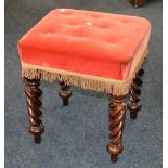 19th century rosewood stool upholstered in button salmon fabric raised on turned spiral supports