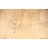 Three long 19th century landscape sumi-e scroll paintings depicting processions and another