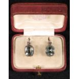 Pair of Russian early 20th century oval cut aquamarine and diamond earrings, marks rubbed "56", in