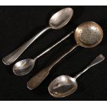 Late 19th century Russian silver sifter, engraved and frosted, a similiar sugar spoon,